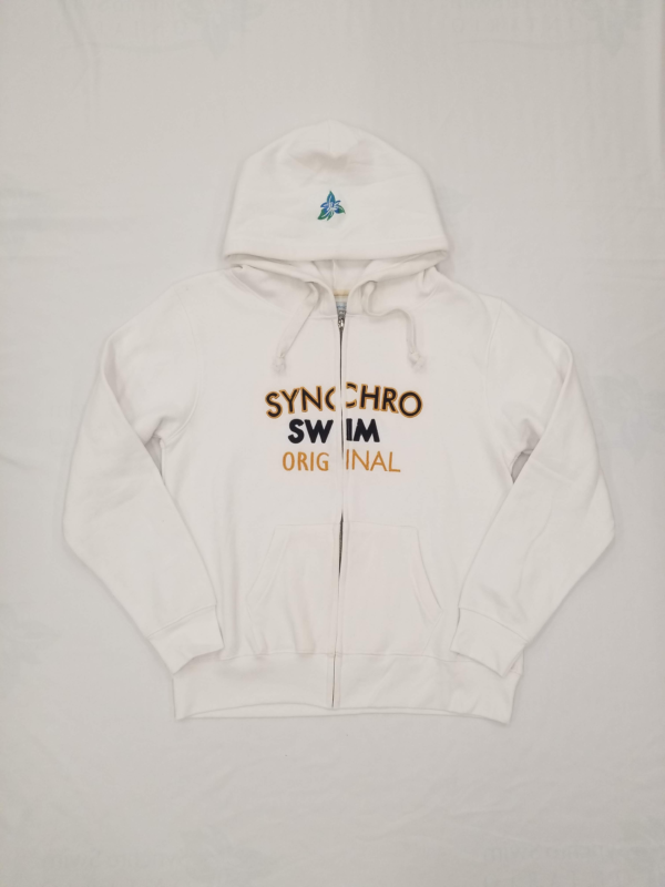 front of synchro swim zipper sweatshirt, white