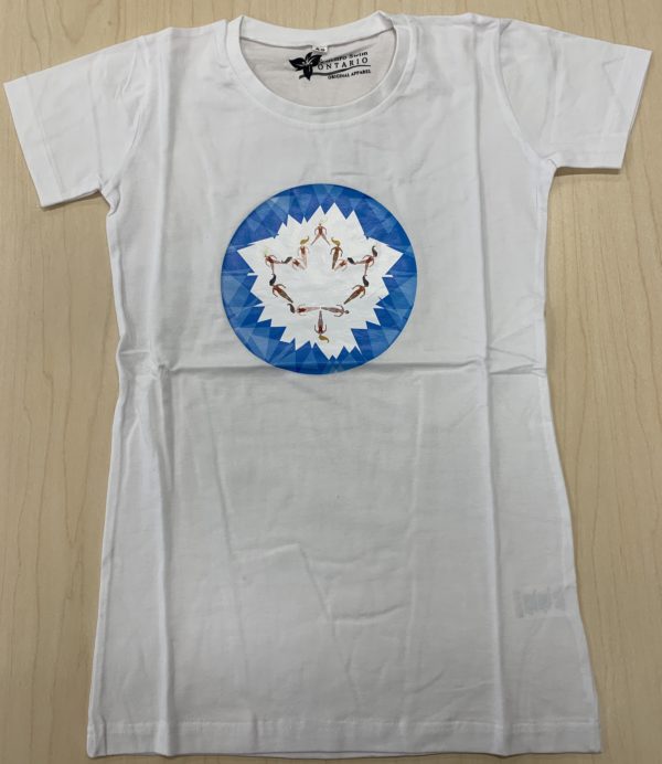 White T-shirt with swimmers forming Maple Leafs in the middle